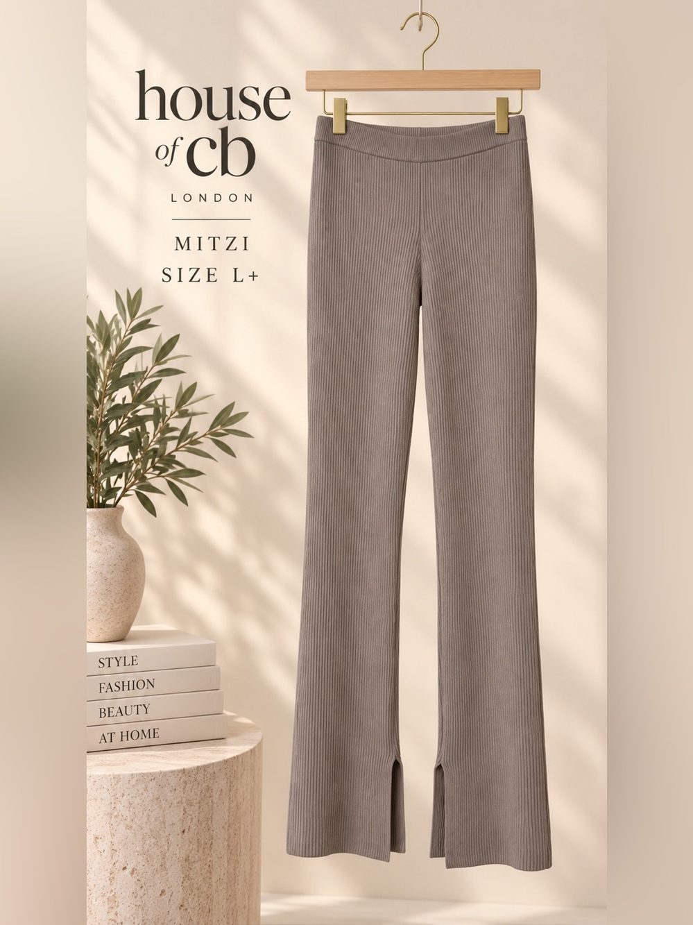 House of CB Mitzi Taupe Ribbed Knit Split Hem Leggings L+